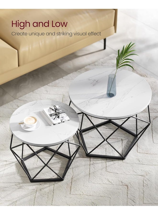 VASAGLE Set of 2 Round Coffee Tables - Nesting Side Tables with Removable Tray Tops & Geometric Steel Frame - Modern Living Room Furniture - White/Black - Image 1